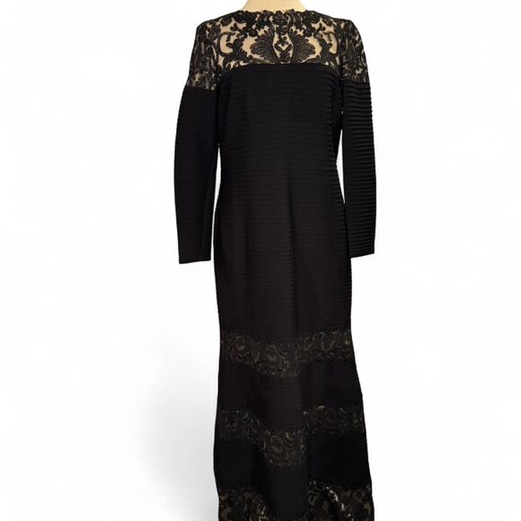 Tadashi Shoji XL Black Lace Corded Embroidery Tulle Pintuck Jersey Boatneck Long - Picture 3 of 8